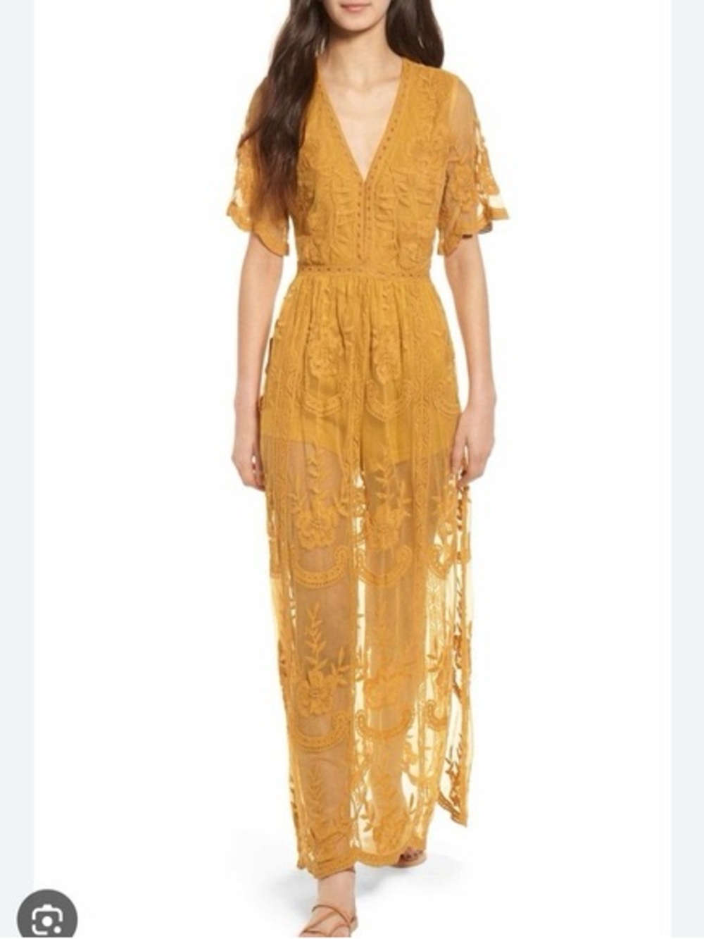Socialite Mustard Embroidered V-Neck Maxi Dress Size XS 100% Nylon & Cotton